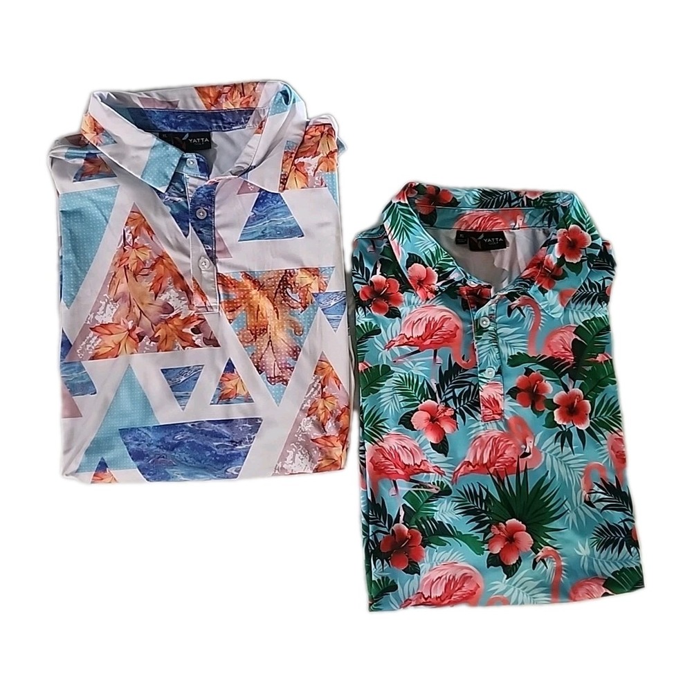 2/Yatta Golf Polos Tropical Pink Flamingo + Fall Leaves Stretch Performance XL